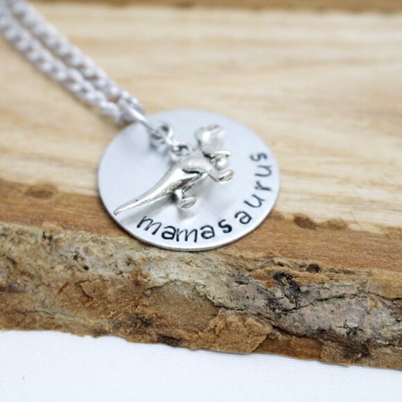 Mamasaurus Hand Stamped Pendant Necklace - 18" Chain - Handmade & Hypoallergenic - Picture 4 of 6